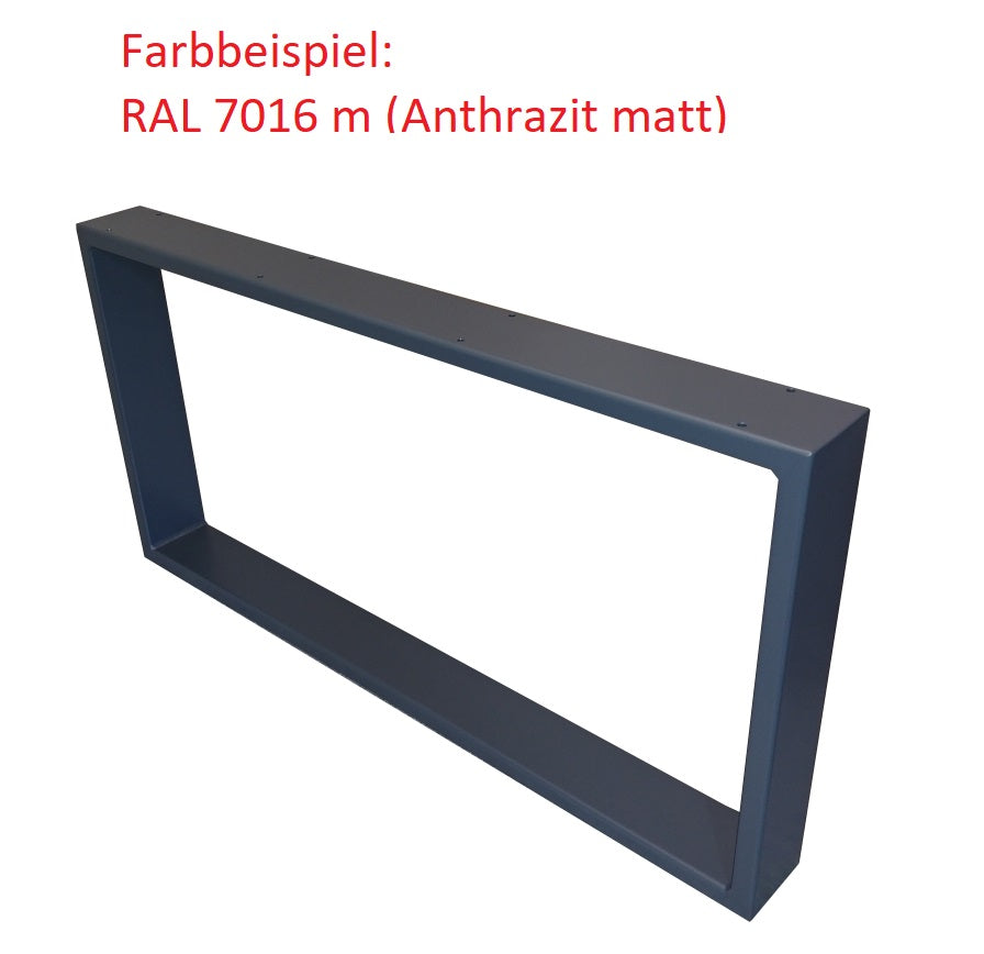 Tischgestelle in rechteckiger Form. Modell R2, auch als Stehtisch verwendbar. Rahmen aus Rechteckrohr 80x20 mm, Pulverbeschichtung RAL 7016 matt anthrazit. Individuelle Größen wählbar.