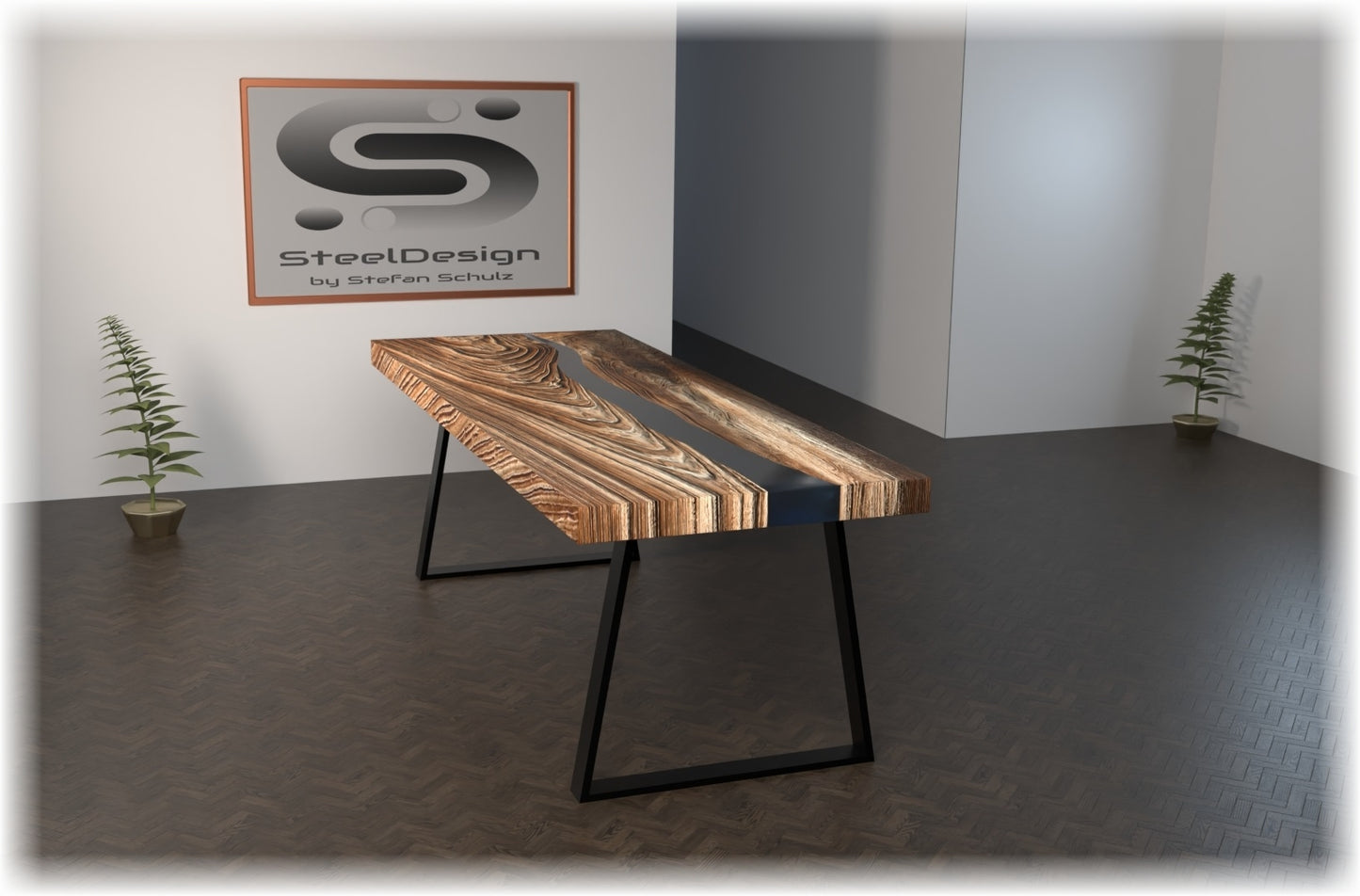 Tischgestelle in Trapez- Form. Modell TR3. Rahmen aus Rechteckrohr 80x20 mm, Pulverbeschichtung in schwarz matt. Individuelle Größen wählbar.