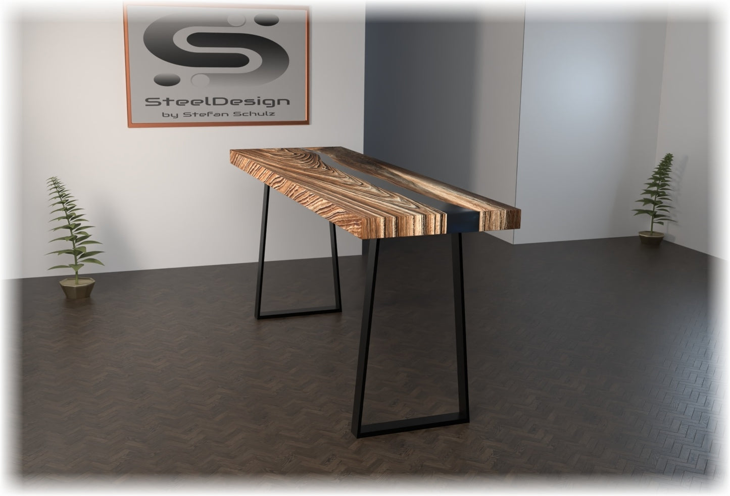 Tischgestelle in Trapez- Form. Modell TR3. Rahmen aus Rechteckrohr 80x20 mm, Pulverbeschichtung in schwarz matt. Individuelle Größen wählbar.