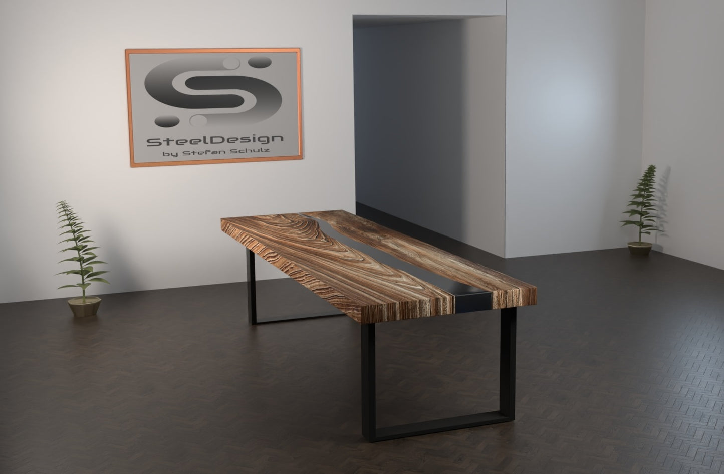 Tischgestelle in rechteckiger Form. Modell R2. Rahmen aus Rechteckrohr 80x20 mm, Pulverbeschichtung in schwarz matt. Individuelle Größen wählbar.