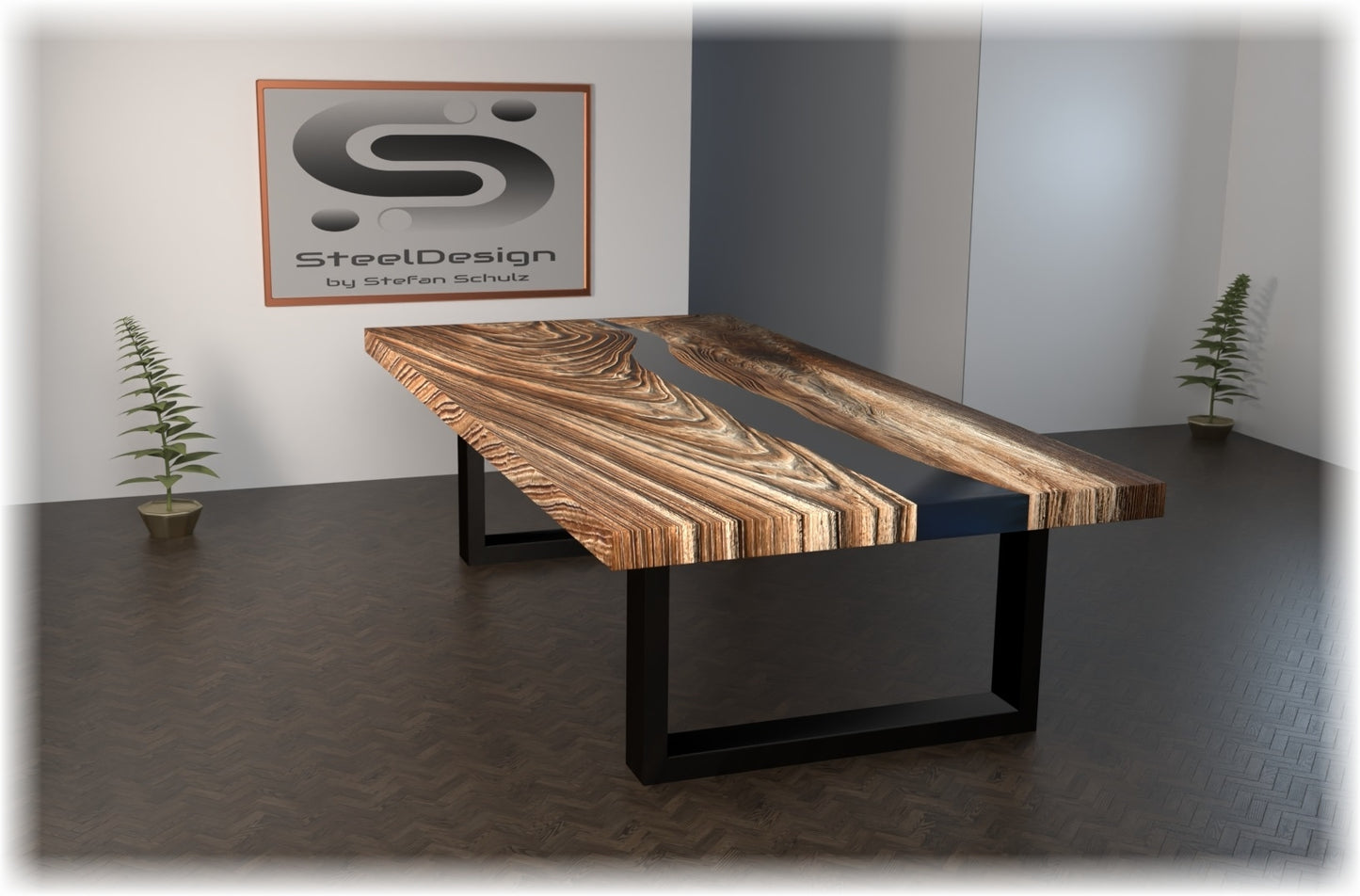Tischgestelle in rechteckiger Form. Modell R1. Rahmen aus Rechteckrohr 80x40 mm, Pulverbeschichtung in schwarz matt. Individuelle Größen wählbar.