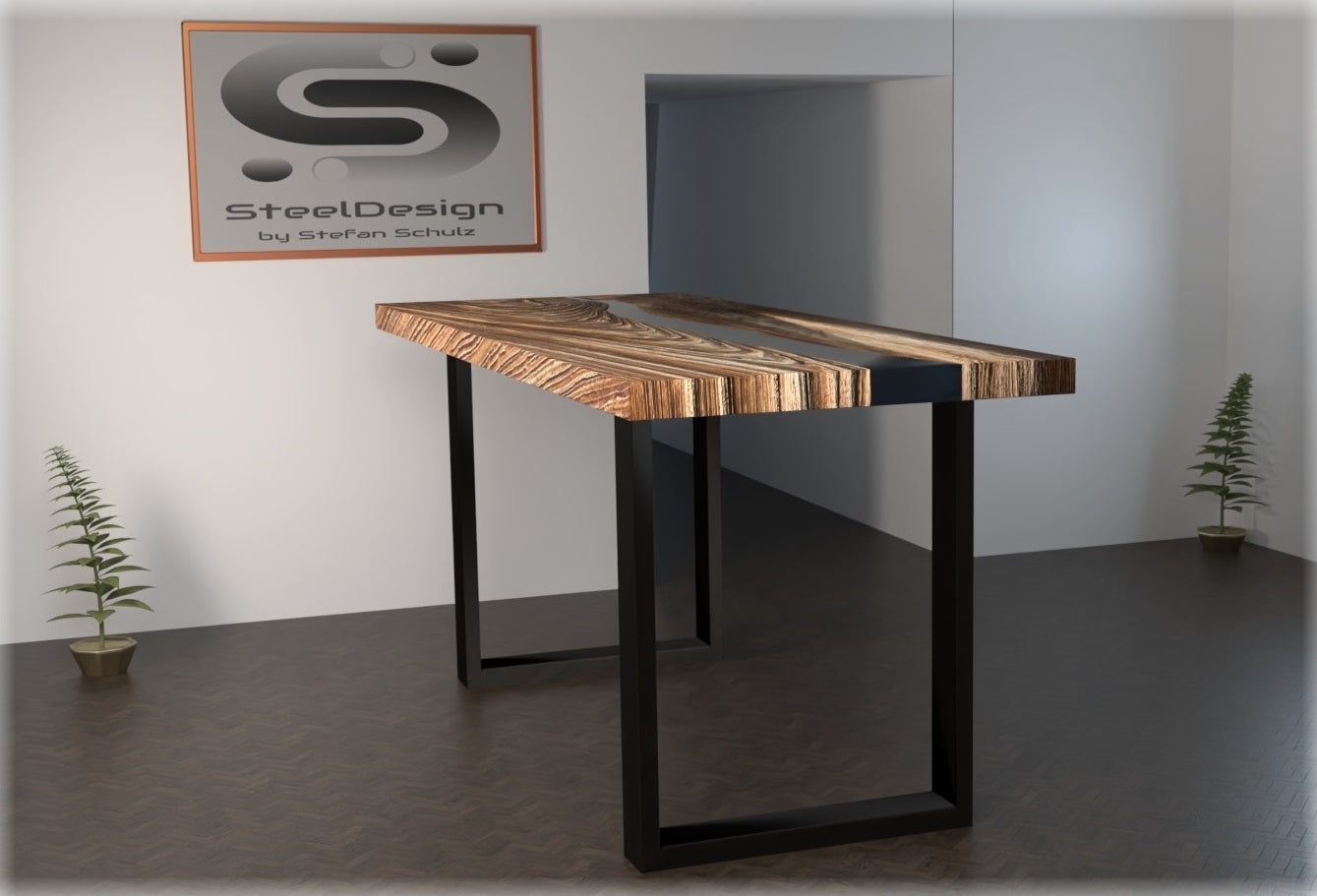 Tischgestelle in rechteckiger Form. Modell R5. Rahmen aus Rechteckrohr 80x40 mm, Pulverbeschichtung in schwarz matt. Individuelle Größen wählbar.