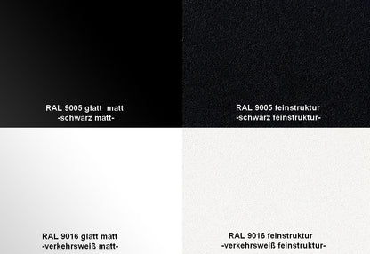 Pulverbeschichtung schwarz matt, weiß matt, schwarz feinstruktur, weiß feinstruktur